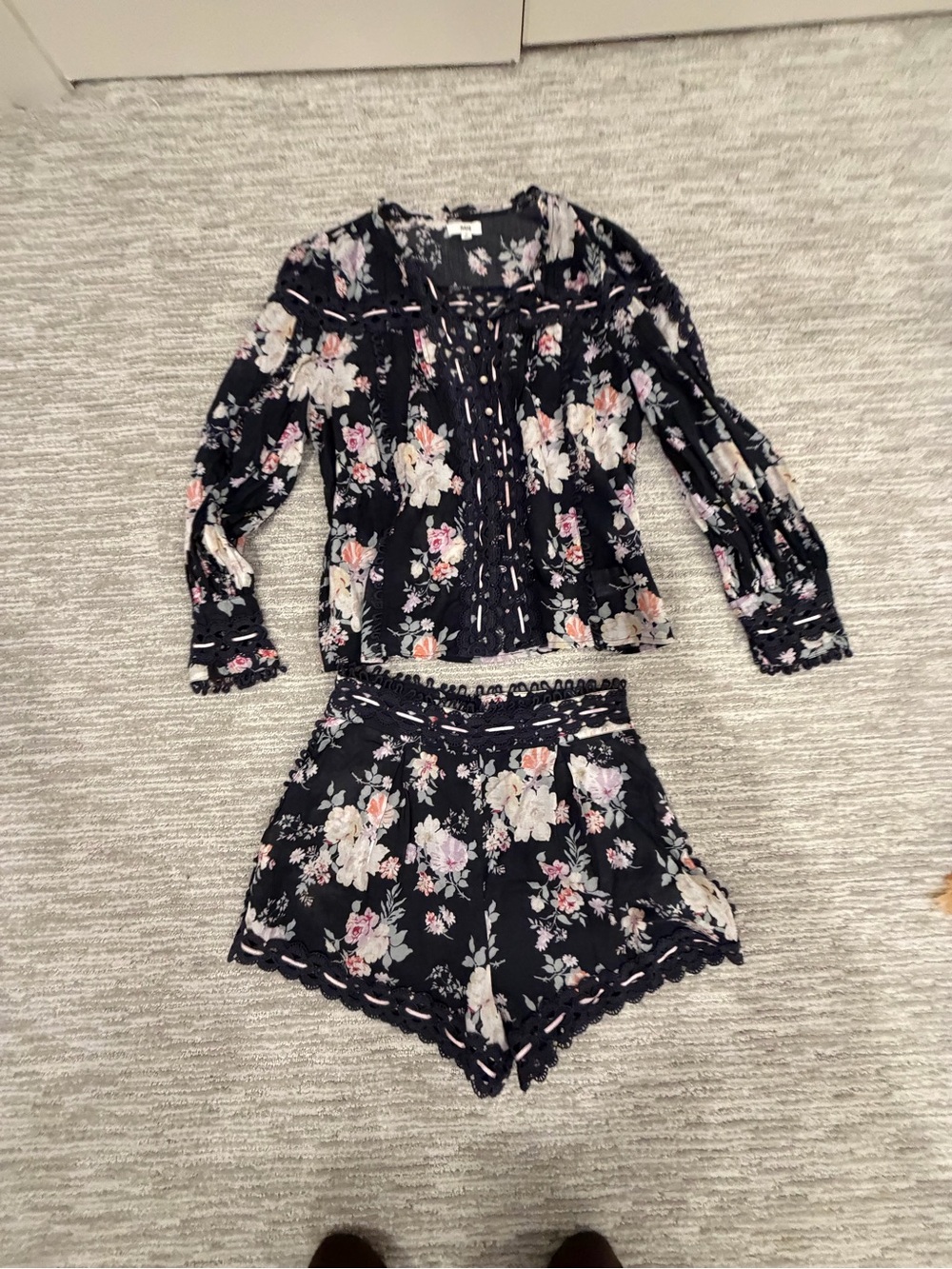 Floral Navy Two-Piece Short Set with Lace Trim